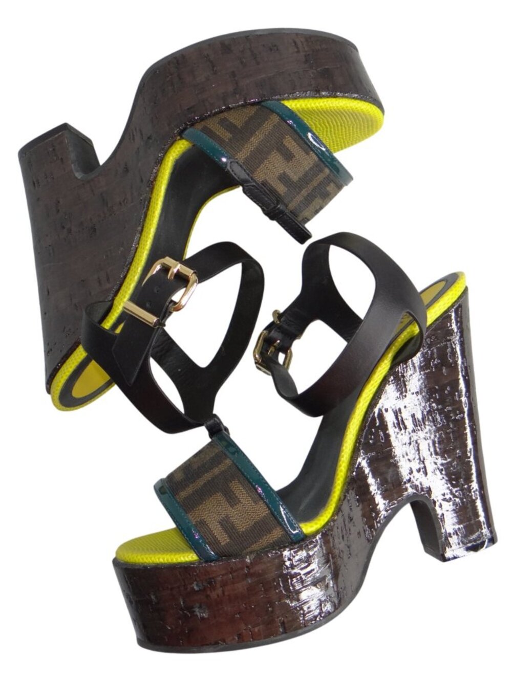 Fendi Roma Zucca Monogram Platform Sandals‎ Cork Heel Yellow Black 38.5